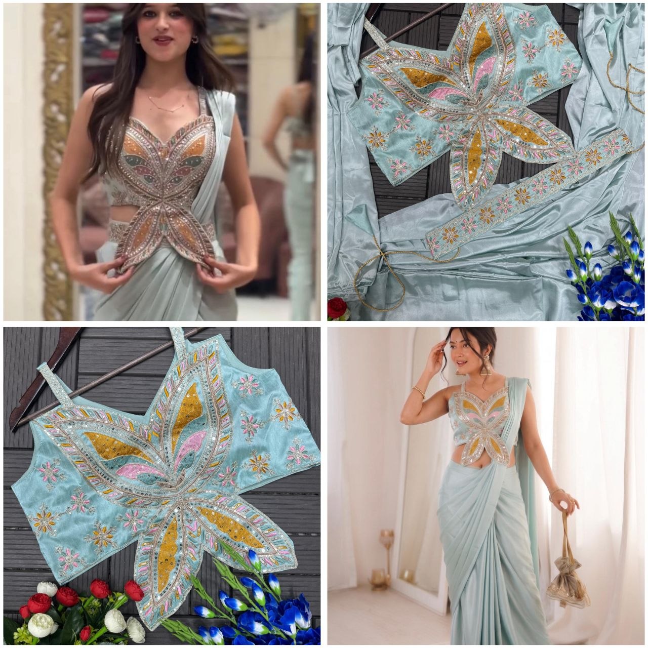 New Super Trending Embroidery Sequence work ready to wear saree with Embroidery Blouse