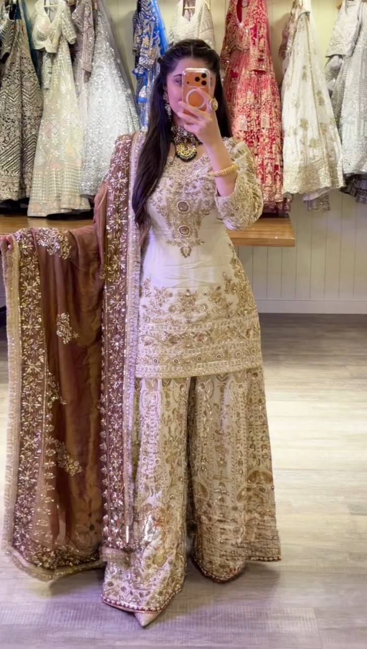 Luxury Ivory Embroidered Kurta Palazzo Set with Designer Dupatta