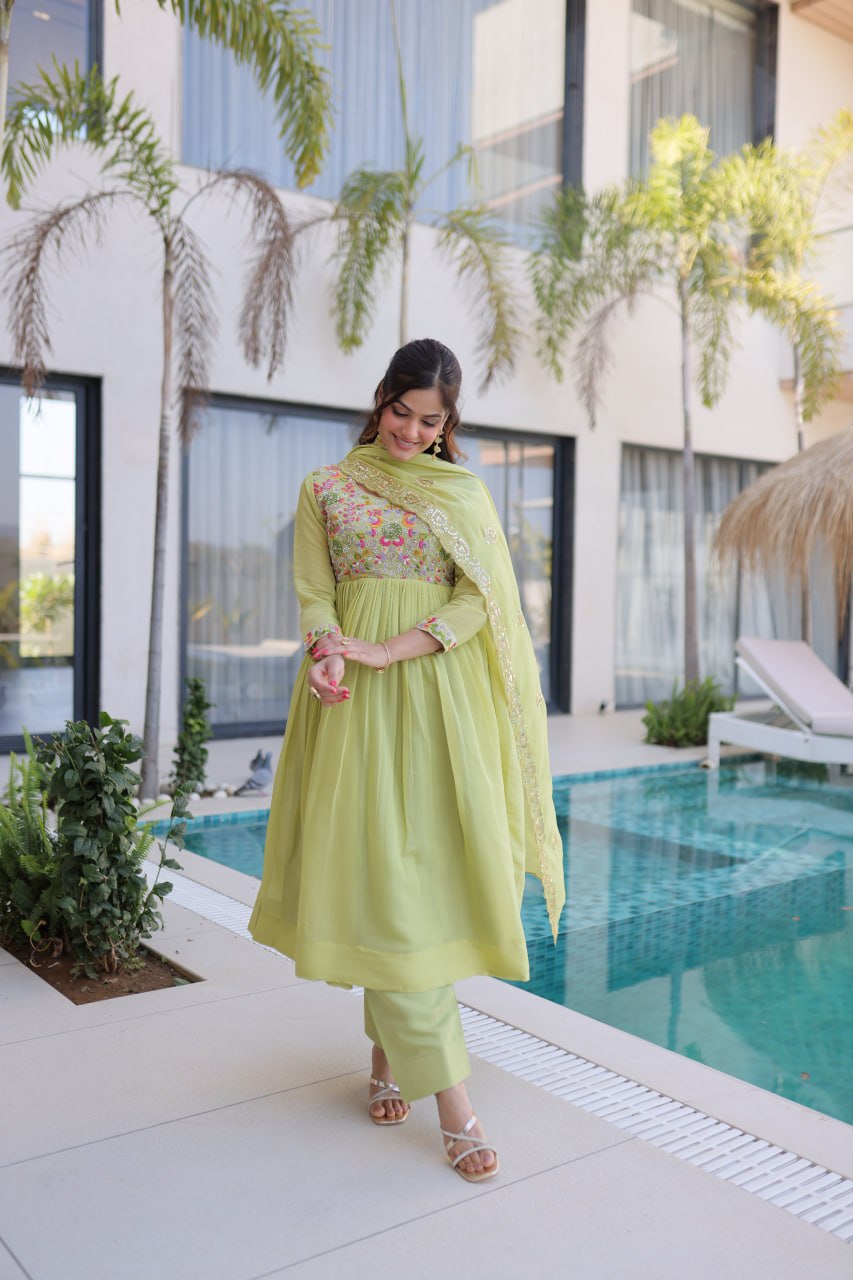 Women's Faux Georgette Embroidered Anarkali Suit Set with Pant & Dupatta | Designer Party Wear Ethnic Dress | Wedding & Festive Wear