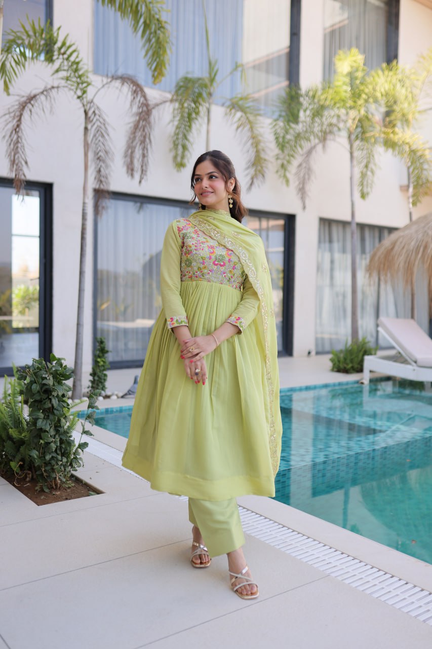 Women's Faux Georgette Embroidered Anarkali Suit Set with Pant & Dupatta | Designer Party Wear Ethnic Dress | Wedding & Festive Wear