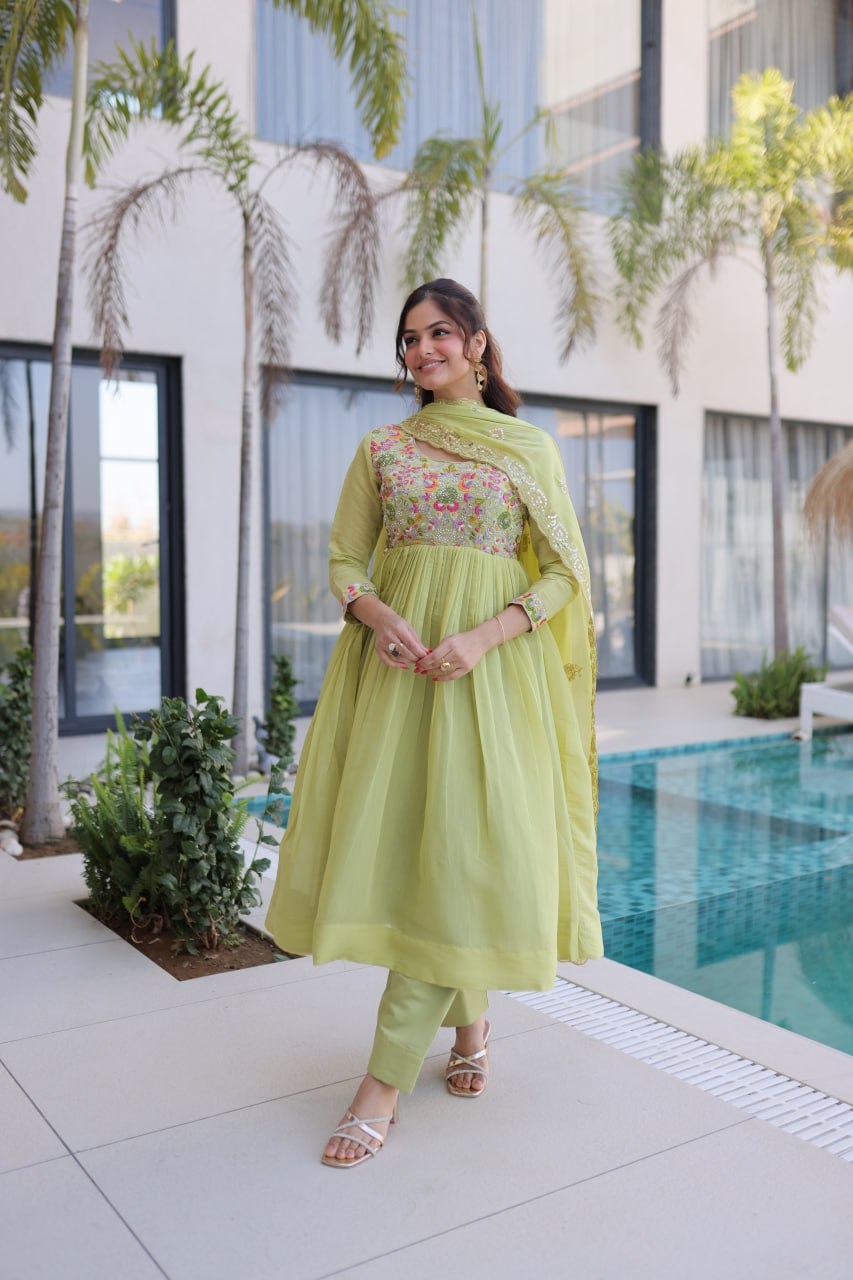 Women's Faux Georgette Embroidered Anarkali Suit Set with Pant & Dupatta | Designer Party Wear Ethnic Dress | Wedding & Festive Wear