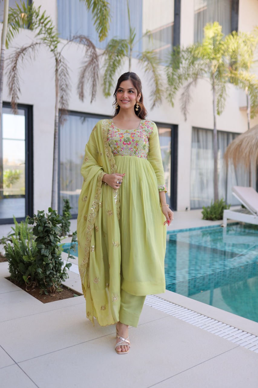 Women's Faux Georgette Embroidered Anarkali Suit Set with Pant & Dupatta | Designer Party Wear Ethnic Dress | Wedding & Festive Wear