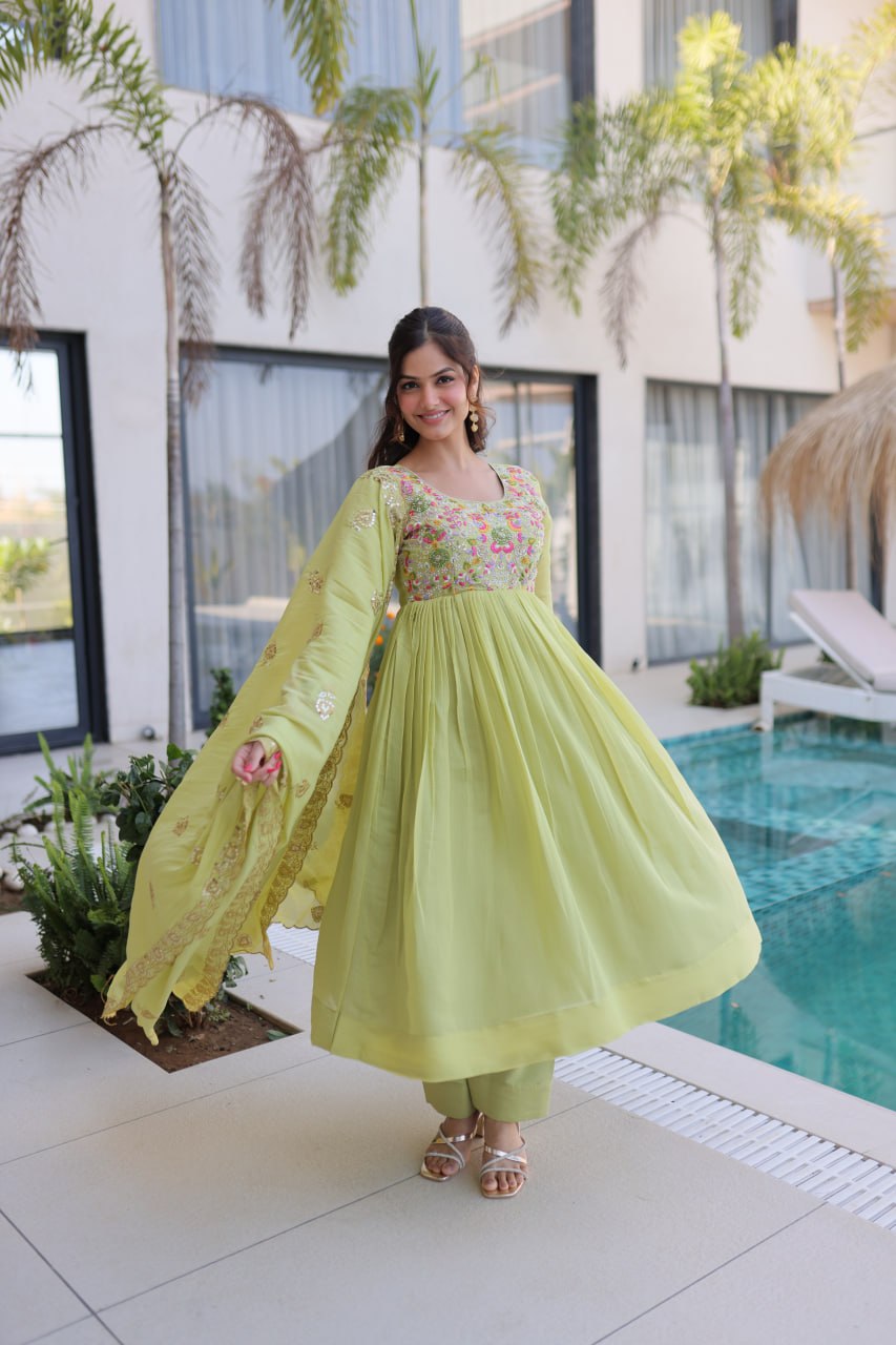 Women's Faux Georgette Embroidered Anarkali Suit Set with Pant & Dupatta | Designer Party Wear Ethnic Dress | Wedding & Festive Wear