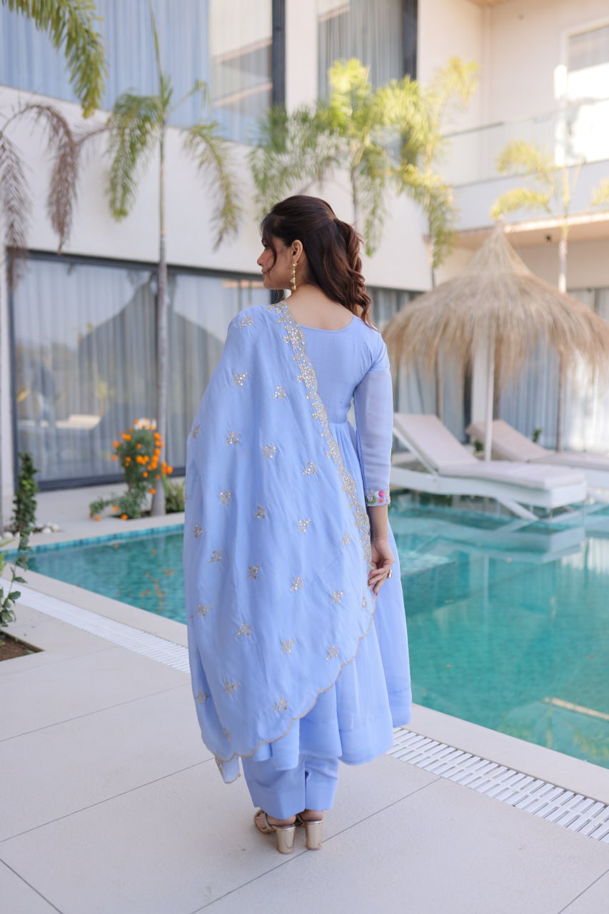 Women's Faux Georgette Embroidered Anarkali Suit Set with Pant & Dupatta | Designer Party Wear Ethnic Dress | Wedding & Festive Wear