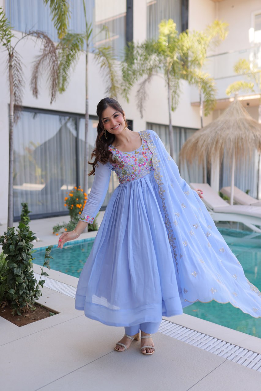 Women's Faux Georgette Embroidered Anarkali Suit Set with Pant & Dupatta | Designer Party Wear Ethnic Dress | Wedding & Festive Wear