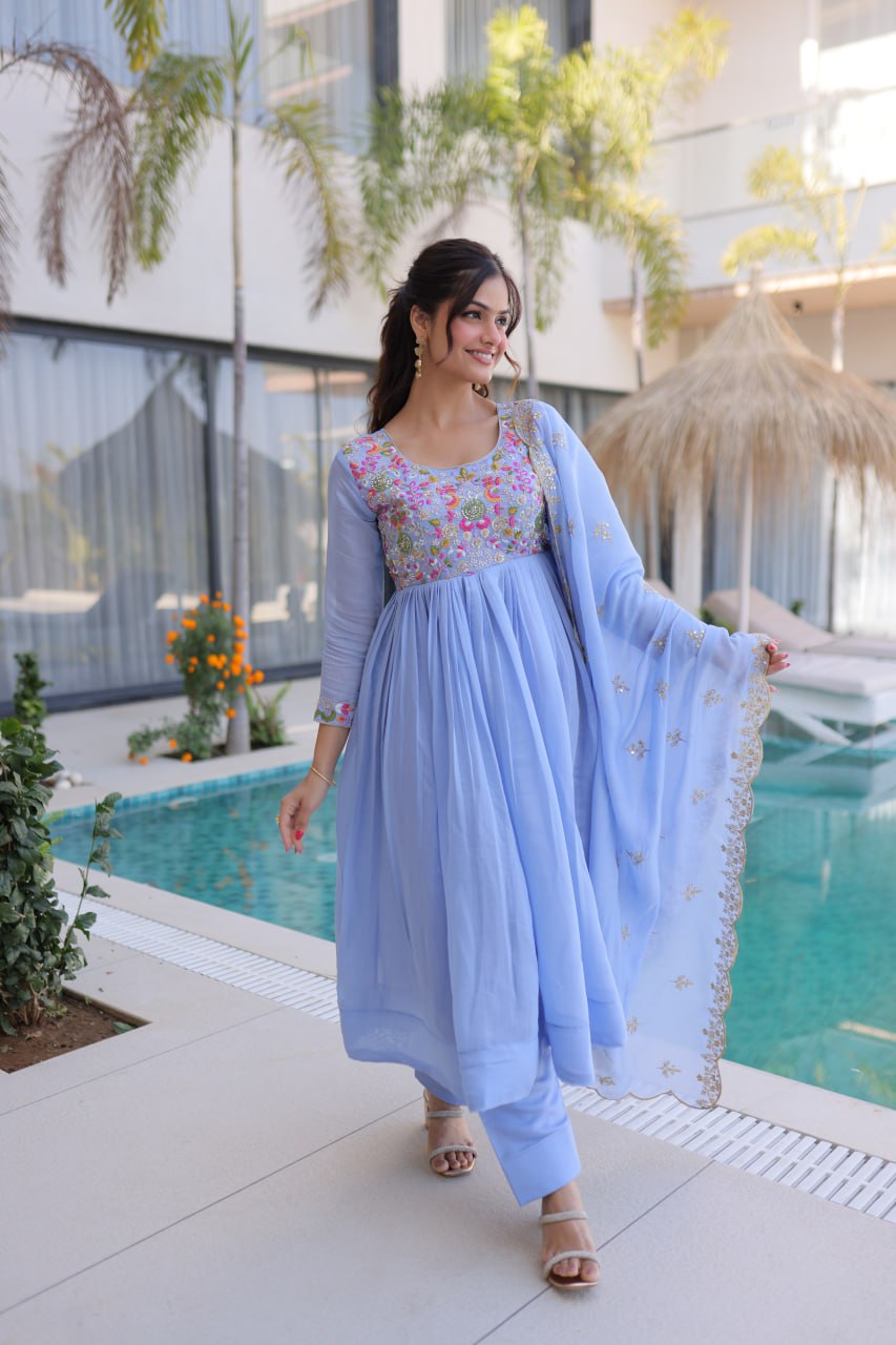 Women's Faux Georgette Embroidered Anarkali Suit Set with Pant & Dupatta | Designer Party Wear Ethnic Dress | Wedding & Festive Wear