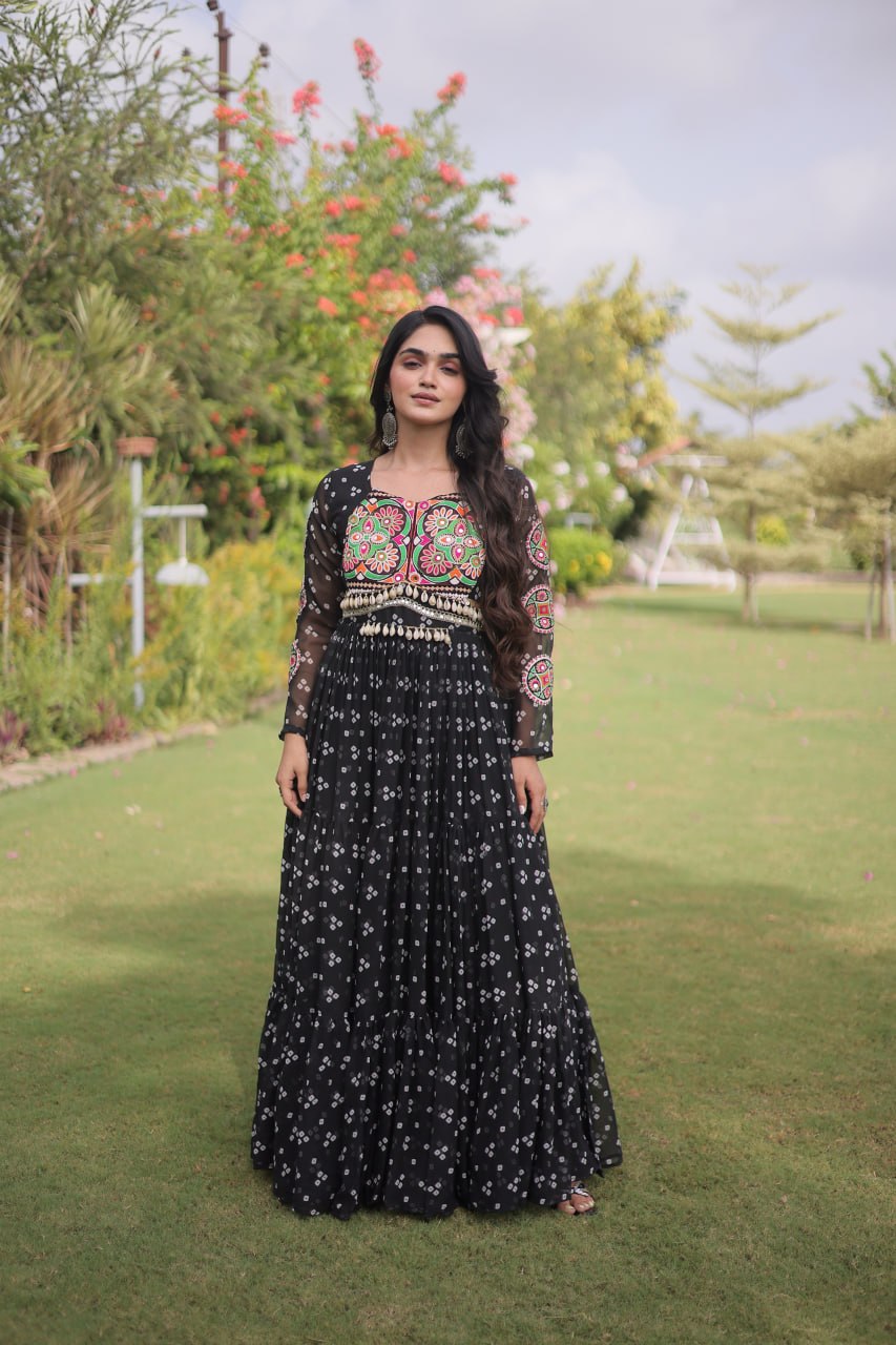 Women’s Designer Bandhani Anarkali Gown | Embroidered Kutchi Work Flared Ethnic Dress