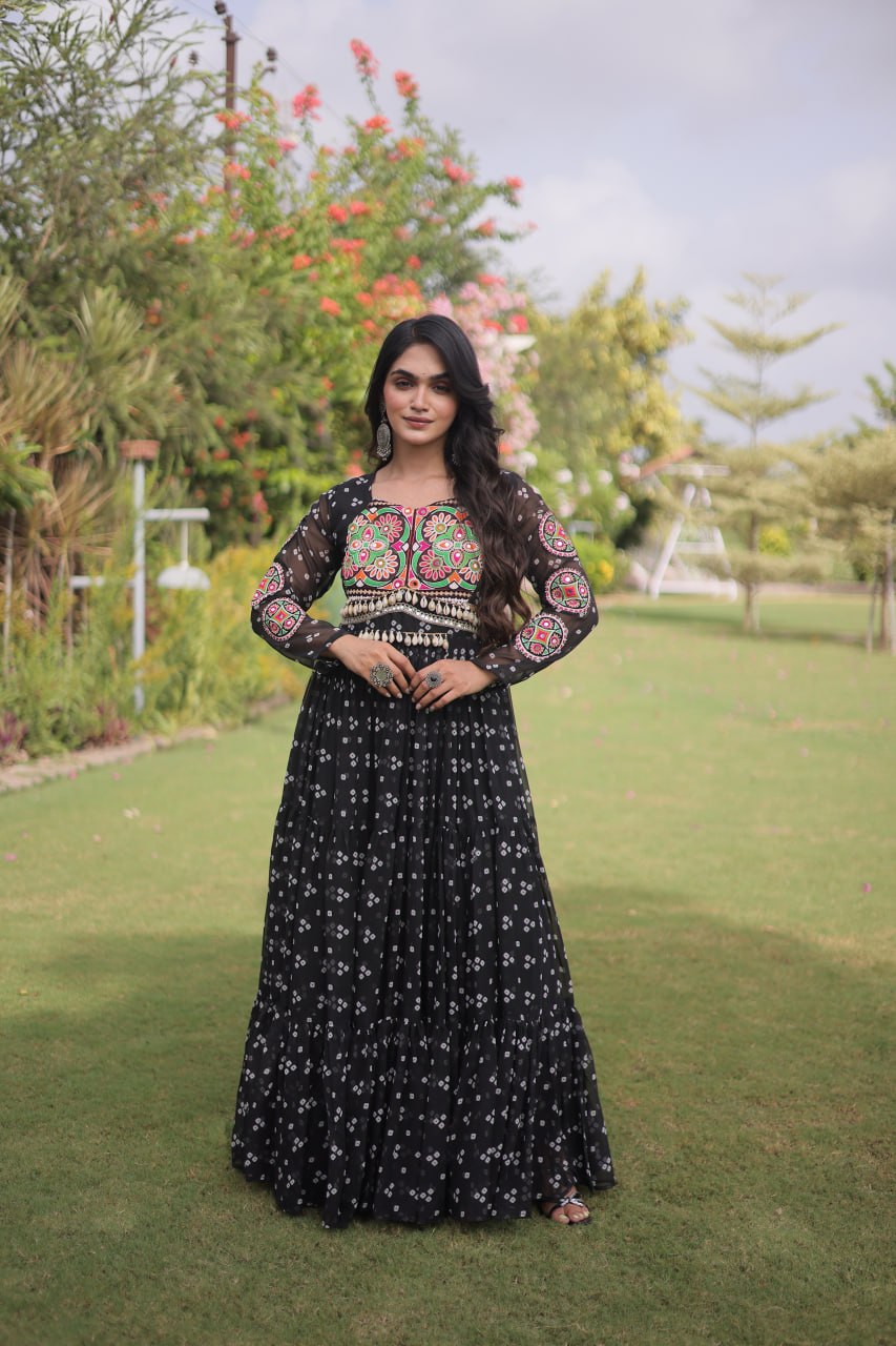 Women’s Designer Bandhani Anarkali Gown | Embroidered Kutchi Work Flared Ethnic Dress