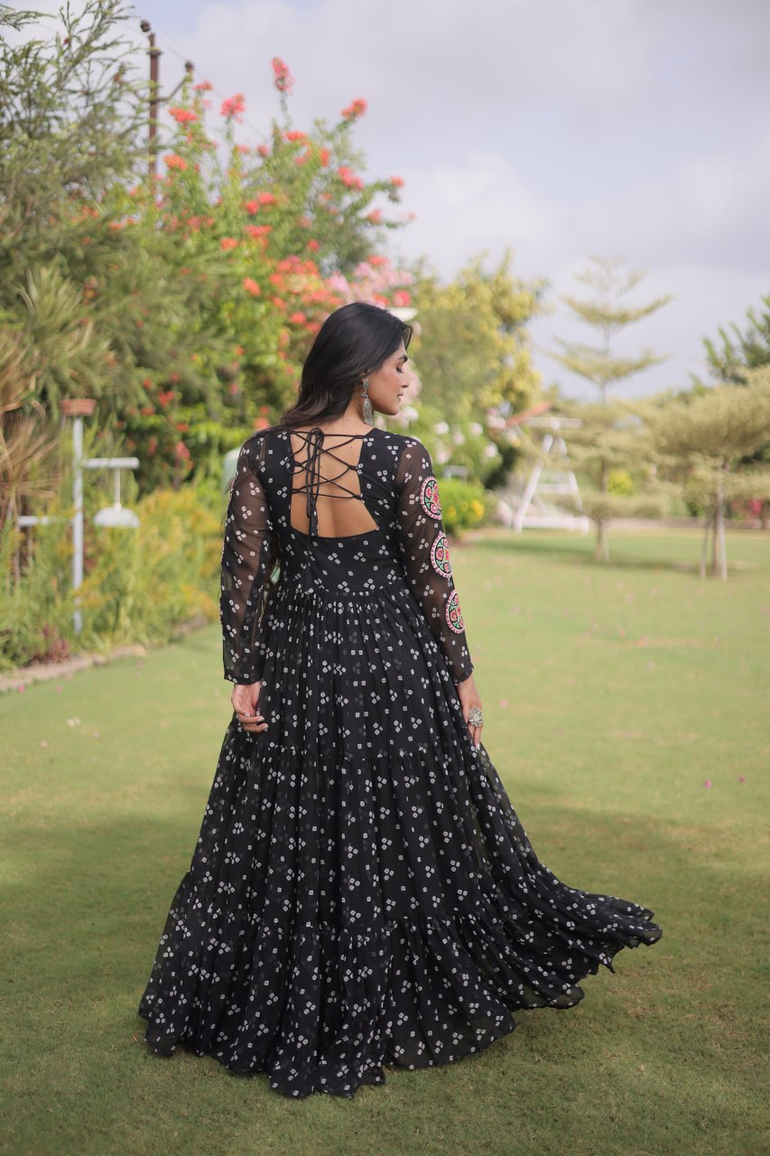 Women’s Designer Bandhani Anarkali Gown | Embroidered Kutchi Work Flared Ethnic Dress