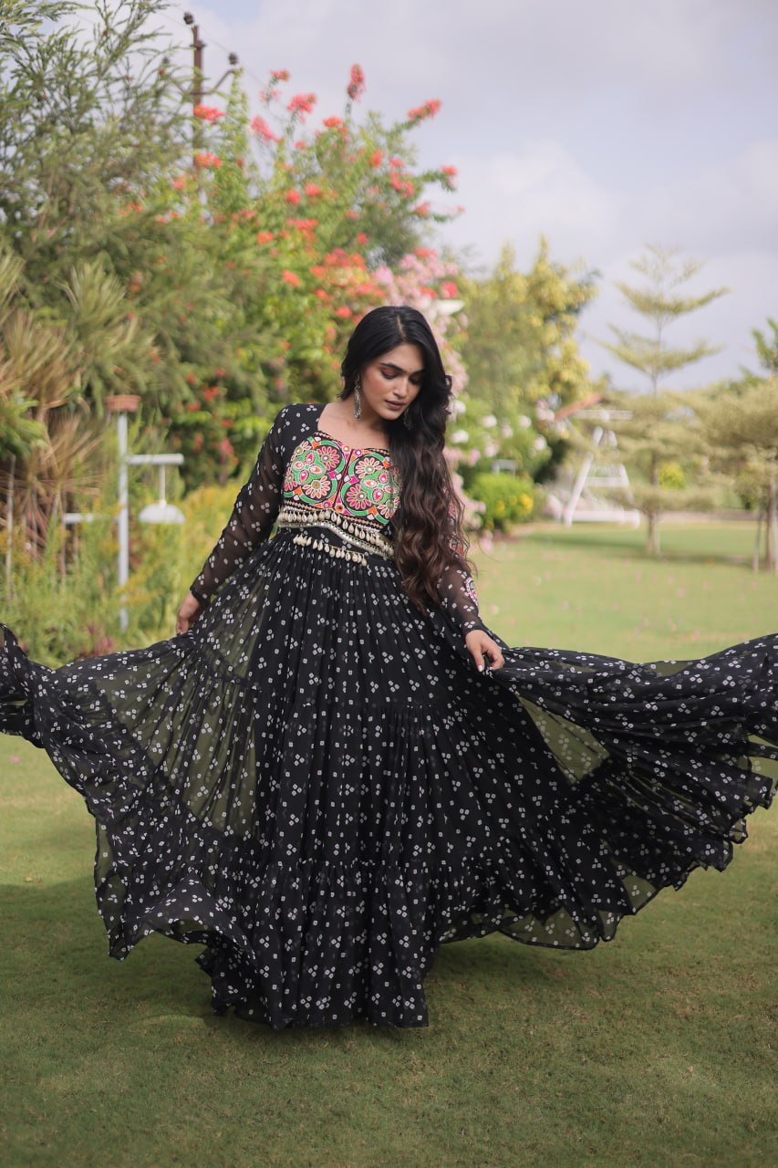 Women’s Designer Bandhani Anarkali Gown | Embroidered Kutchi Work Flared Ethnic Dress