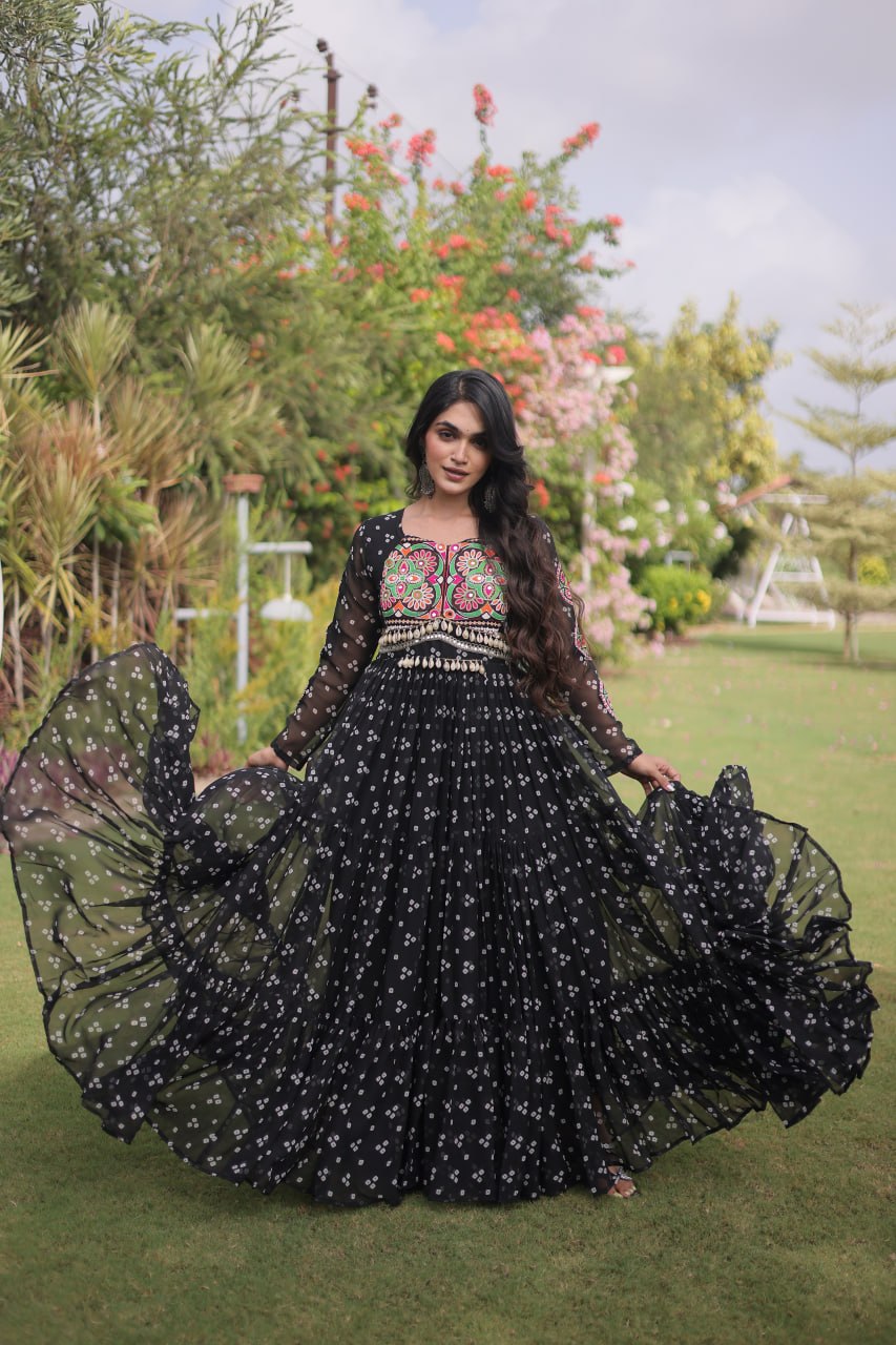 Women’s Designer Bandhani Anarkali Gown | Embroidered Kutchi Work Flared Ethnic Dress