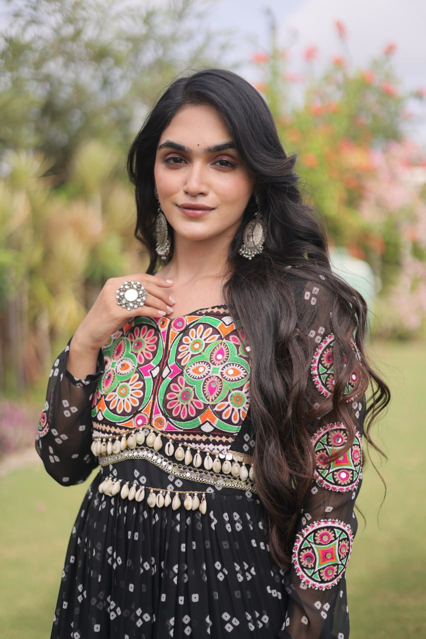 Women’s Designer Bandhani Anarkali Gown | Embroidered Kutchi Work Flared Ethnic Dress