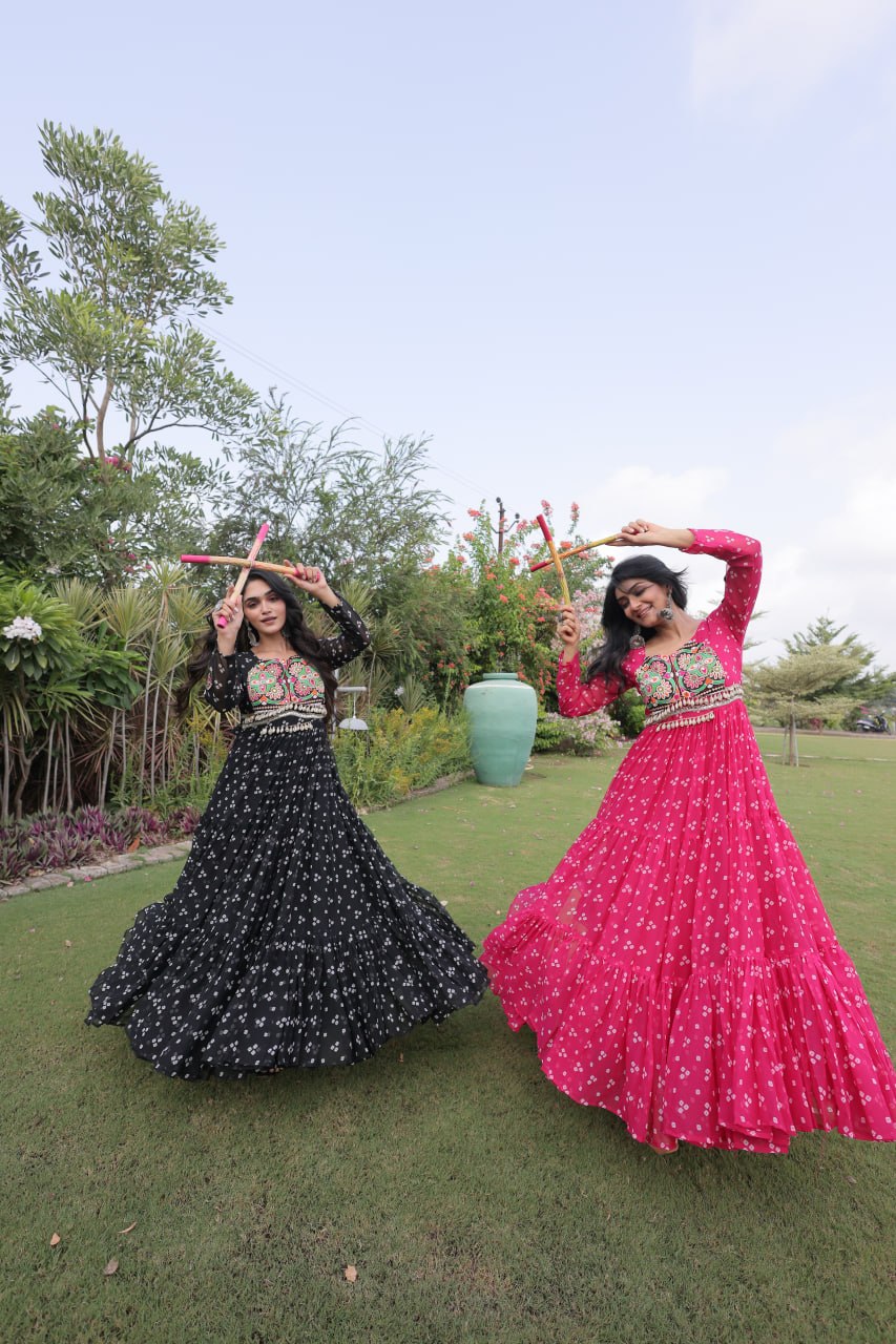 Women’s Designer Bandhani Anarkali Gown | Embroidered Kutchi Work Flared Ethnic Dress