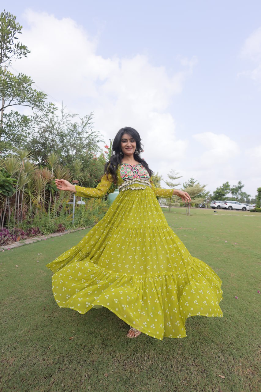 Women’s Designer Bandhani Anarkali Gown | Embroidered Kutchi Work Flared Ethnic Dress