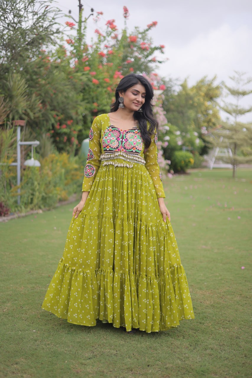 Women’s Designer Bandhani Anarkali Gown | Embroidered Kutchi Work Flared Ethnic Dress