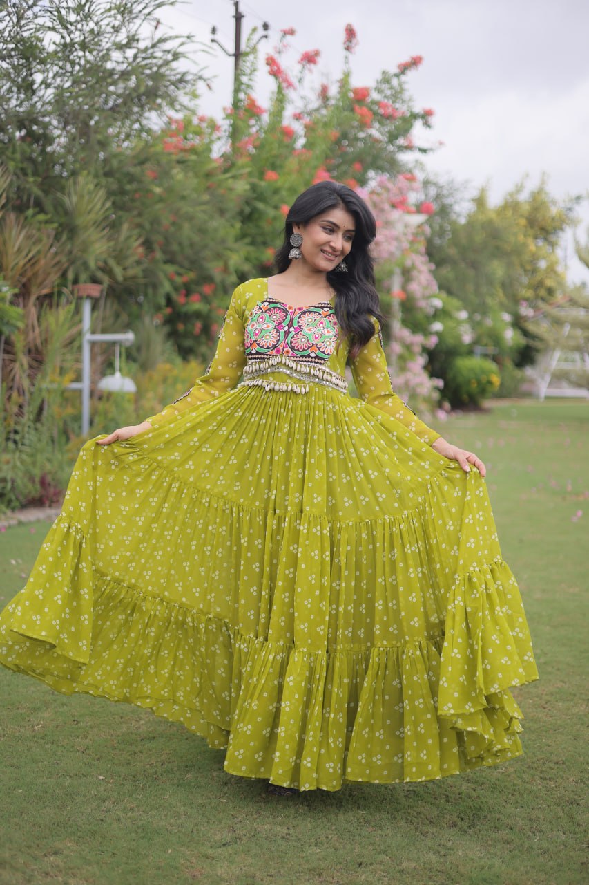 Women’s Designer Bandhani Anarkali Gown | Embroidered Kutchi Work Flared Ethnic Dress