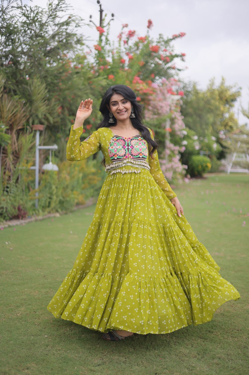 Women’s Designer Bandhani Anarkali Gown | Embroidered Kutchi Work Flared Ethnic Dress