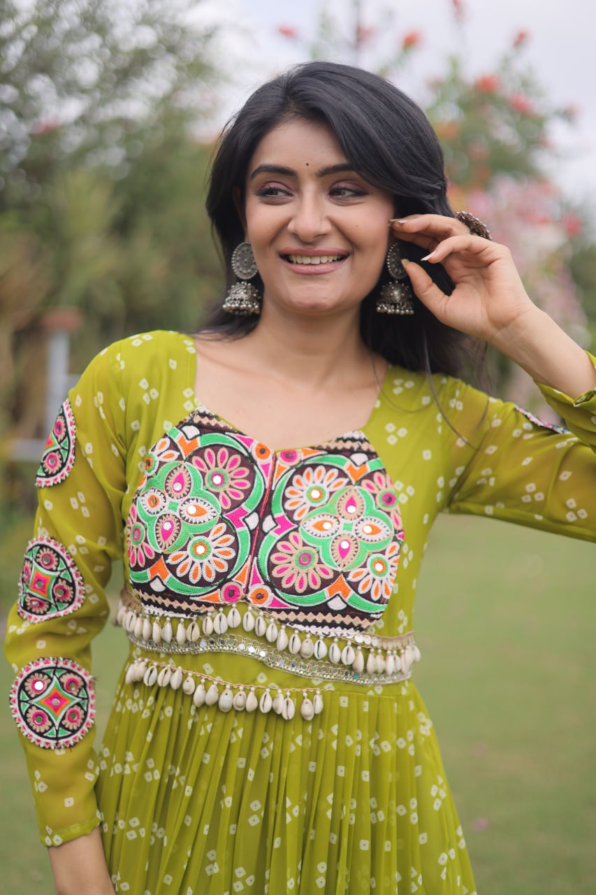 Women’s Designer Bandhani Anarkali Gown | Embroidered Kutchi Work Flared Ethnic Dress