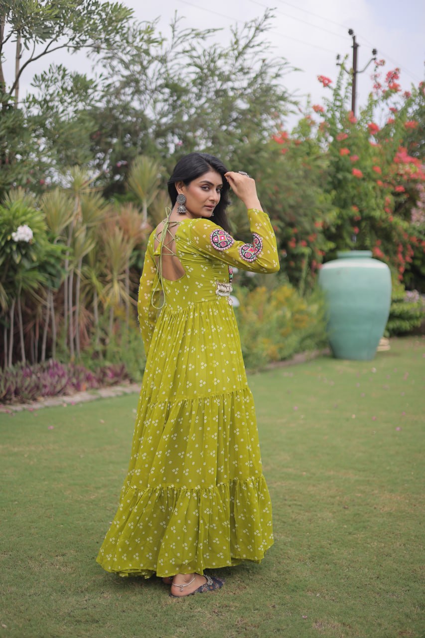 Women’s Designer Bandhani Anarkali Gown | Embroidered Kutchi Work Flared Ethnic Dress