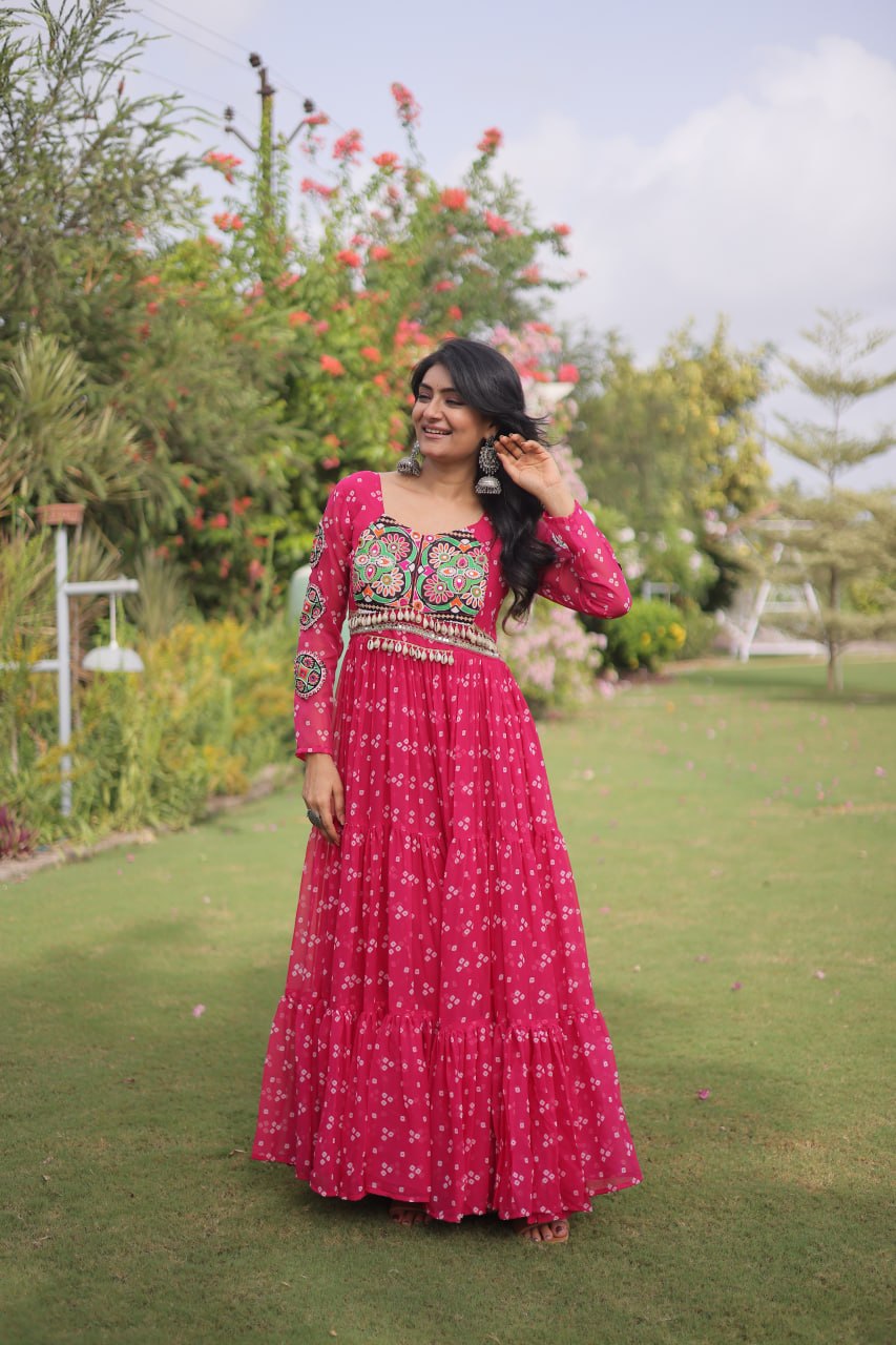 Women’s Designer Bandhani Anarkali Gown | Embroidered Kutchi Work Flared Ethnic Dress