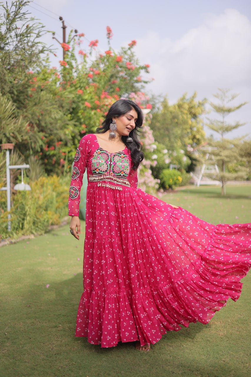 Women’s Designer Bandhani Anarkali Gown | Embroidered Kutchi Work Flared Ethnic Dress