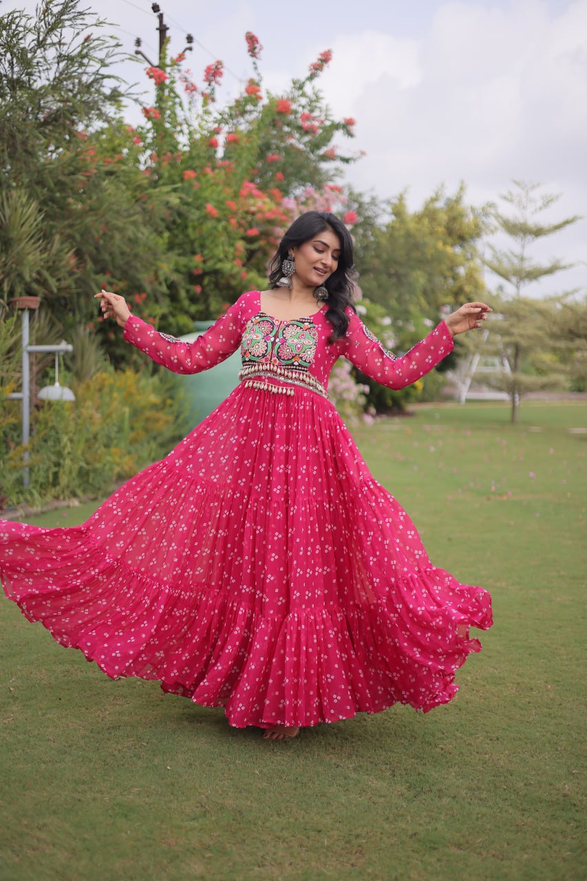 Women’s Designer Bandhani Anarkali Gown | Embroidered Kutchi Work Flared Ethnic Dress
