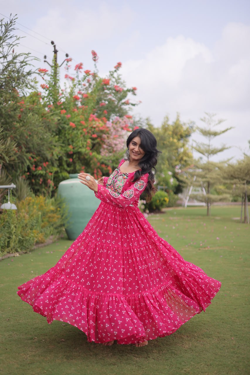Women’s Designer Bandhani Anarkali Gown | Embroidered Kutchi Work Flared Ethnic Dress