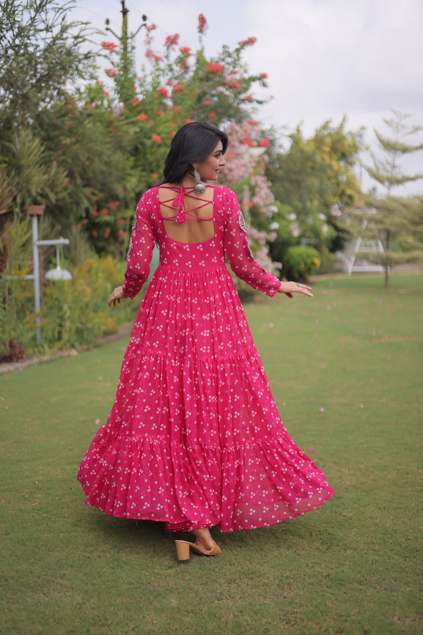 Women’s Designer Bandhani Anarkali Gown | Embroidered Kutchi Work Flared Ethnic Dress