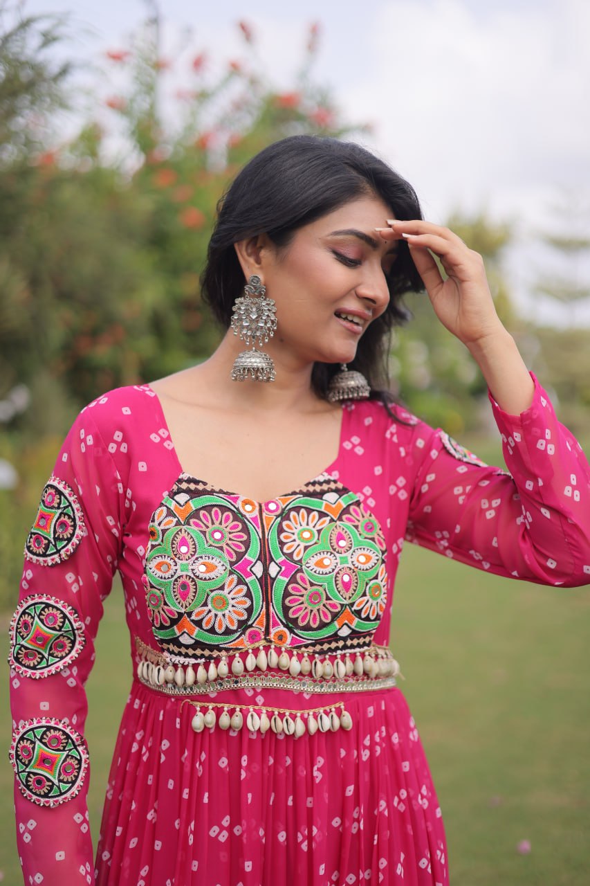 Women’s Designer Bandhani Anarkali Gown | Embroidered Kutchi Work Flared Ethnic Dress