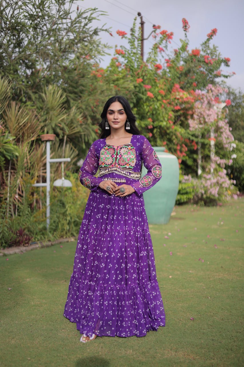 Women’s Designer Bandhani Anarkali Gown | Embroidered Kutchi Work Flared Ethnic Dress