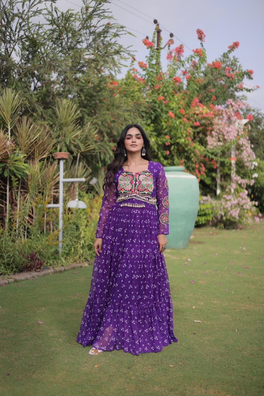 Women’s Designer Bandhani Anarkali Gown | Embroidered Kutchi Work Flared Ethnic Dress