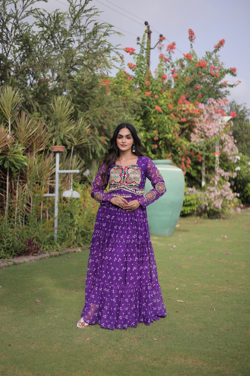 Women’s Designer Bandhani Anarkali Gown | Embroidered Kutchi Work Flared Ethnic Dress