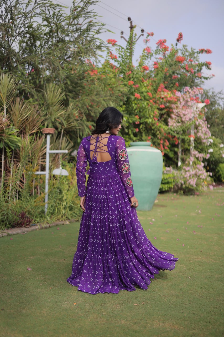 Women’s Designer Bandhani Anarkali Gown | Embroidered Kutchi Work Flared Ethnic Dress