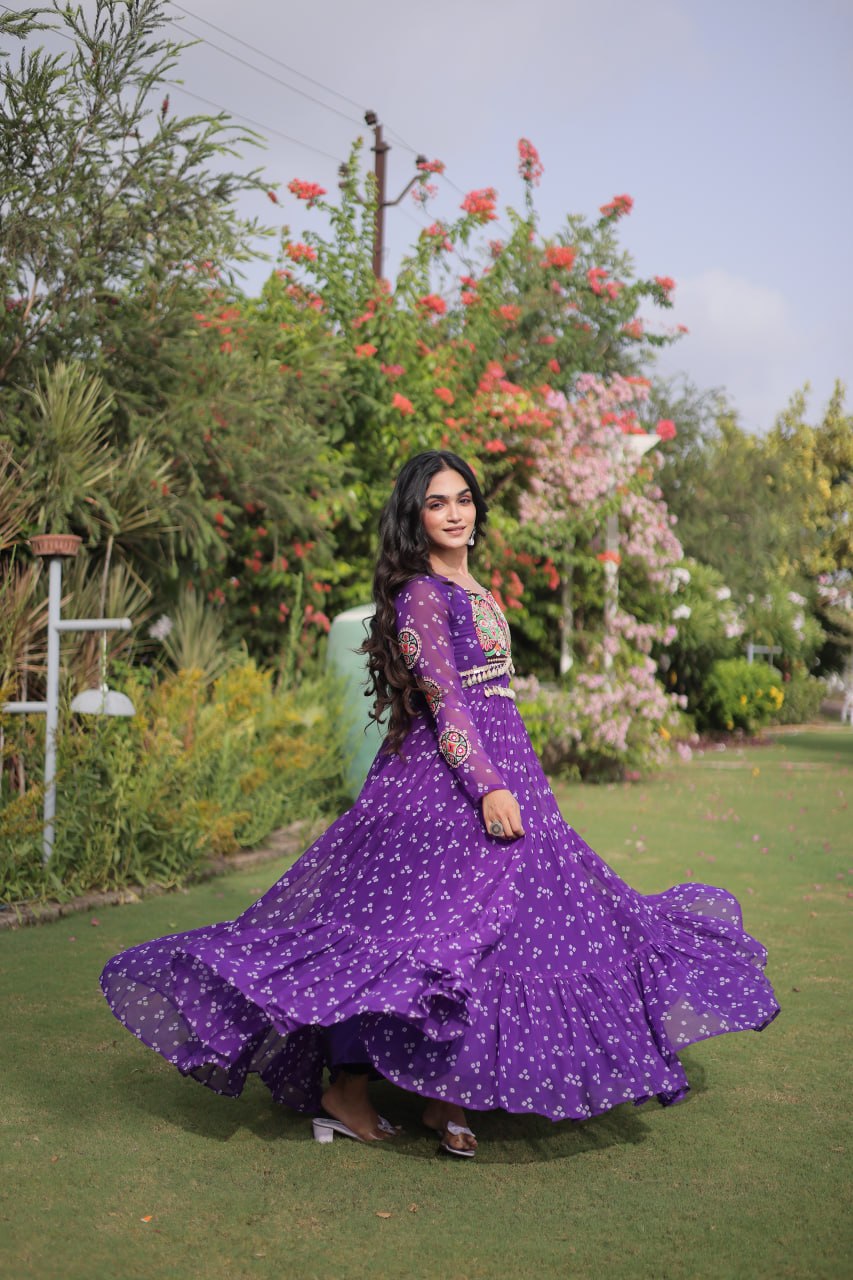 Women’s Designer Bandhani Anarkali Gown | Embroidered Kutchi Work Flared Ethnic Dress