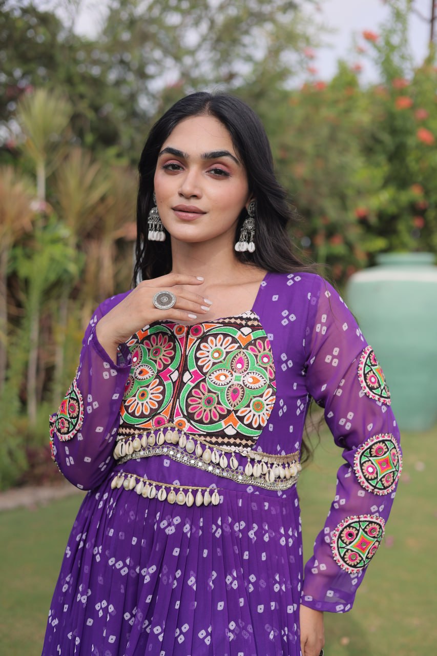 Women’s Designer Bandhani Anarkali Gown | Embroidered Kutchi Work Flared Ethnic Dress