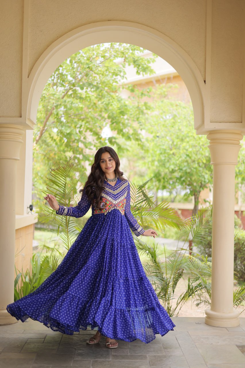 Women’s Designer Anarkali Gown | Printed Flared Ethnic Dress with Embroidered Yoke