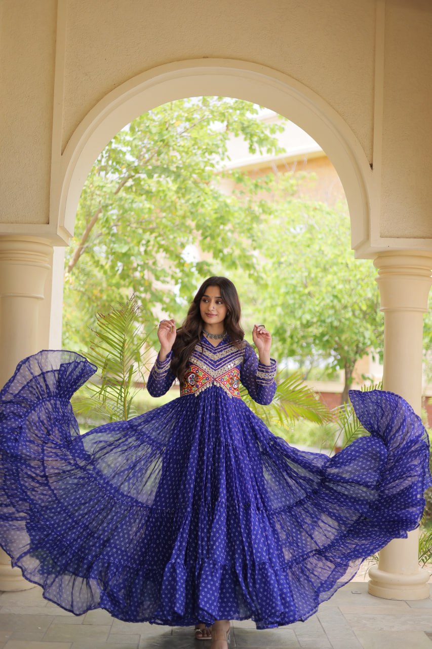 Women’s Designer Anarkali Gown | Printed Flared Ethnic Dress with Embroidered Yoke