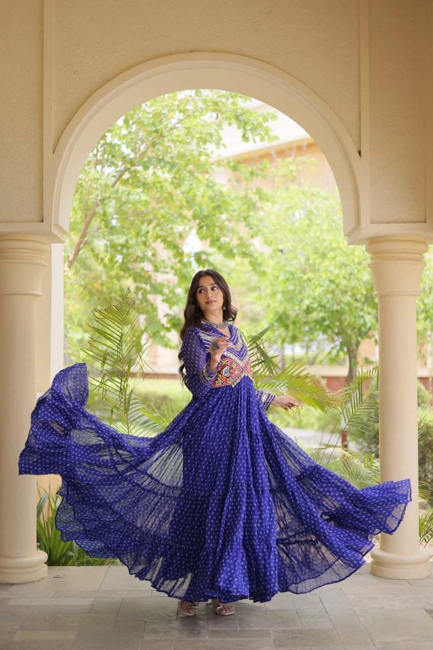 Women’s Designer Anarkali Gown | Printed Flared Ethnic Dress with Embroidered Yoke