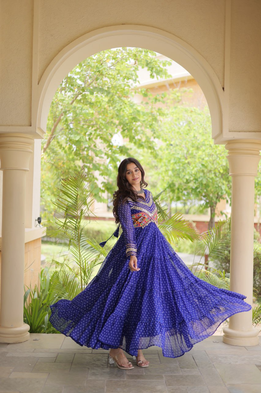 Women’s Designer Anarkali Gown | Printed Flared Ethnic Dress with Embroidered Yoke