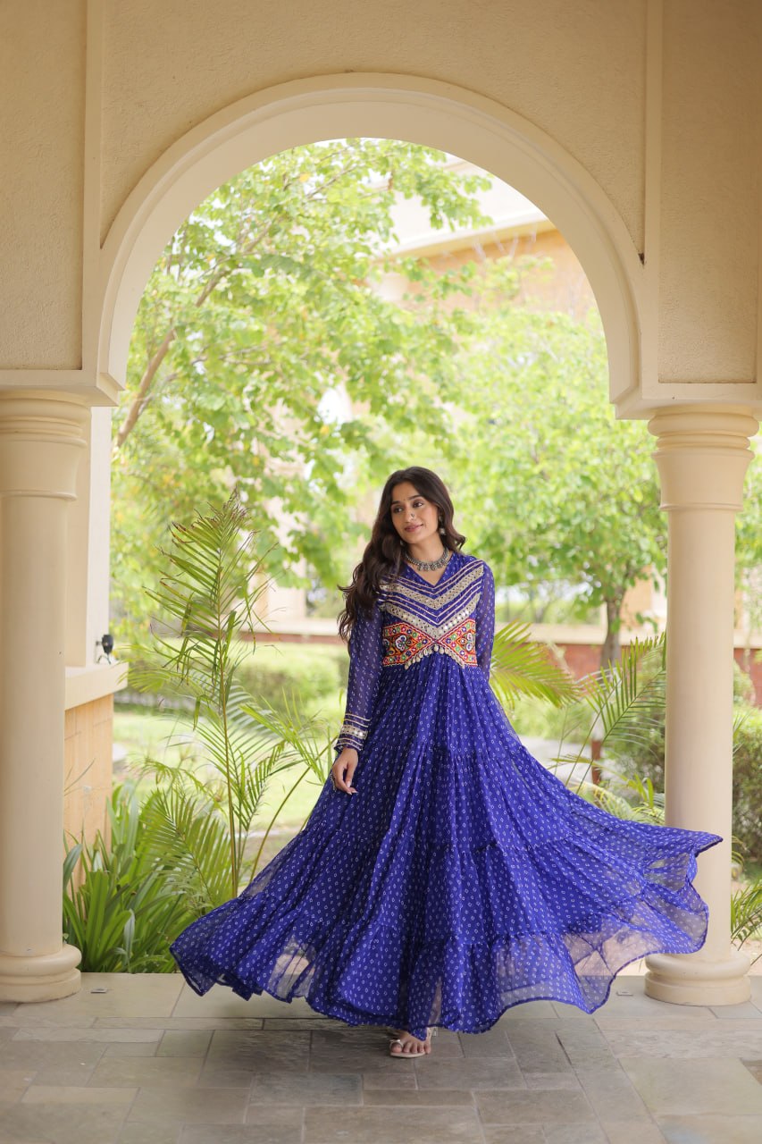 Women’s Designer Anarkali Gown | Printed Flared Ethnic Dress with Embroidered Yoke