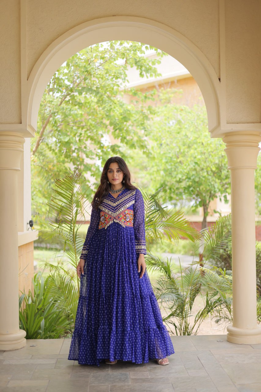 Women’s Designer Anarkali Gown | Printed Flared Ethnic Dress with Embroidered Yoke
