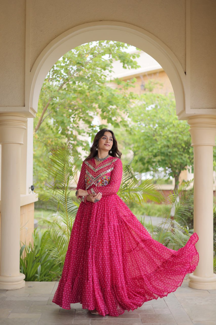 Women’s Designer Anarkali Gown | Printed Flared Ethnic Dress with Embroidered Yoke