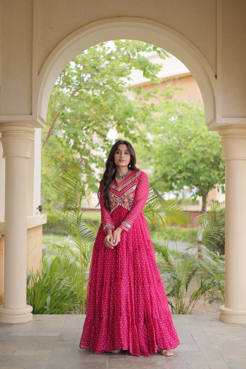Women’s Designer Anarkali Gown | Printed Flared Ethnic Dress with Embroidered Yoke