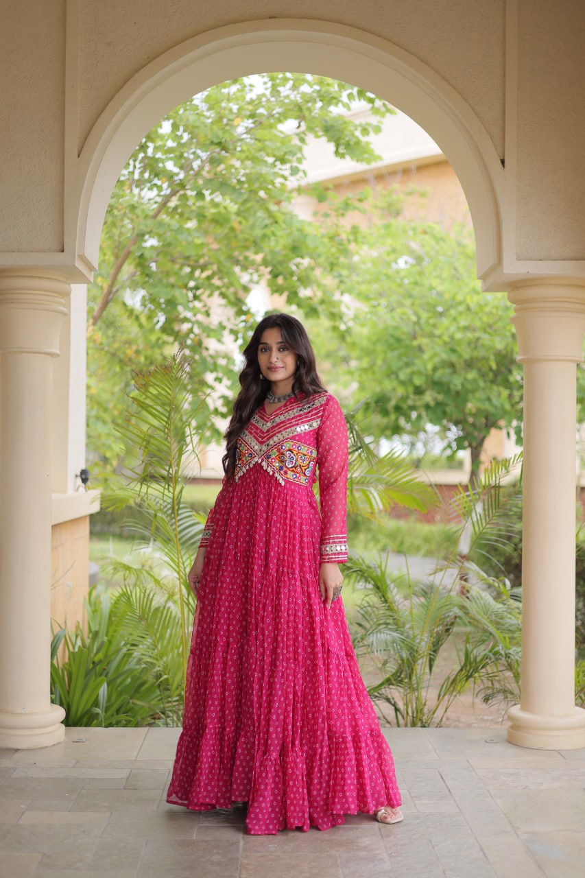 Women’s Designer Anarkali Gown | Printed Flared Ethnic Dress with Embroidered Yoke