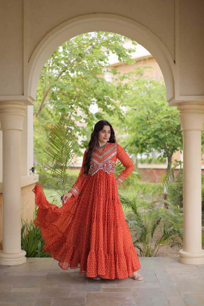 Women’s Designer Anarkali Gown | Printed Flared Ethnic Dress with Embroidered Yoke