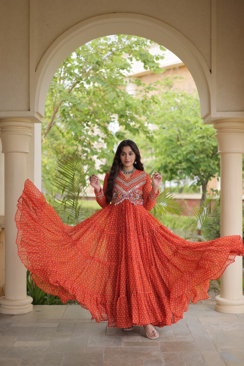 Women’s Designer Anarkali Gown | Printed Flared Ethnic Dress with Embroidered Yoke