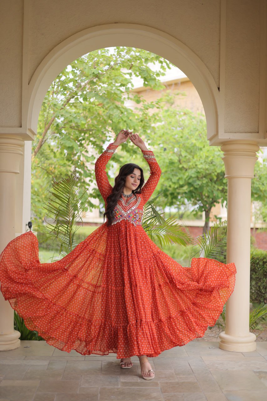 Women’s Designer Anarkali Gown | Printed Flared Ethnic Dress with Embroidered Yoke