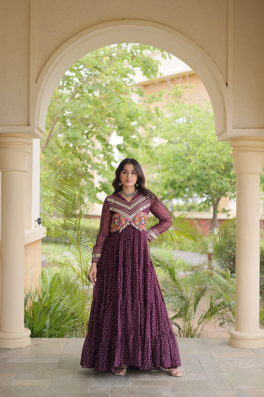 Women’s Designer Anarkali Gown | Printed Flared Ethnic Dress with Embroidered Yoke