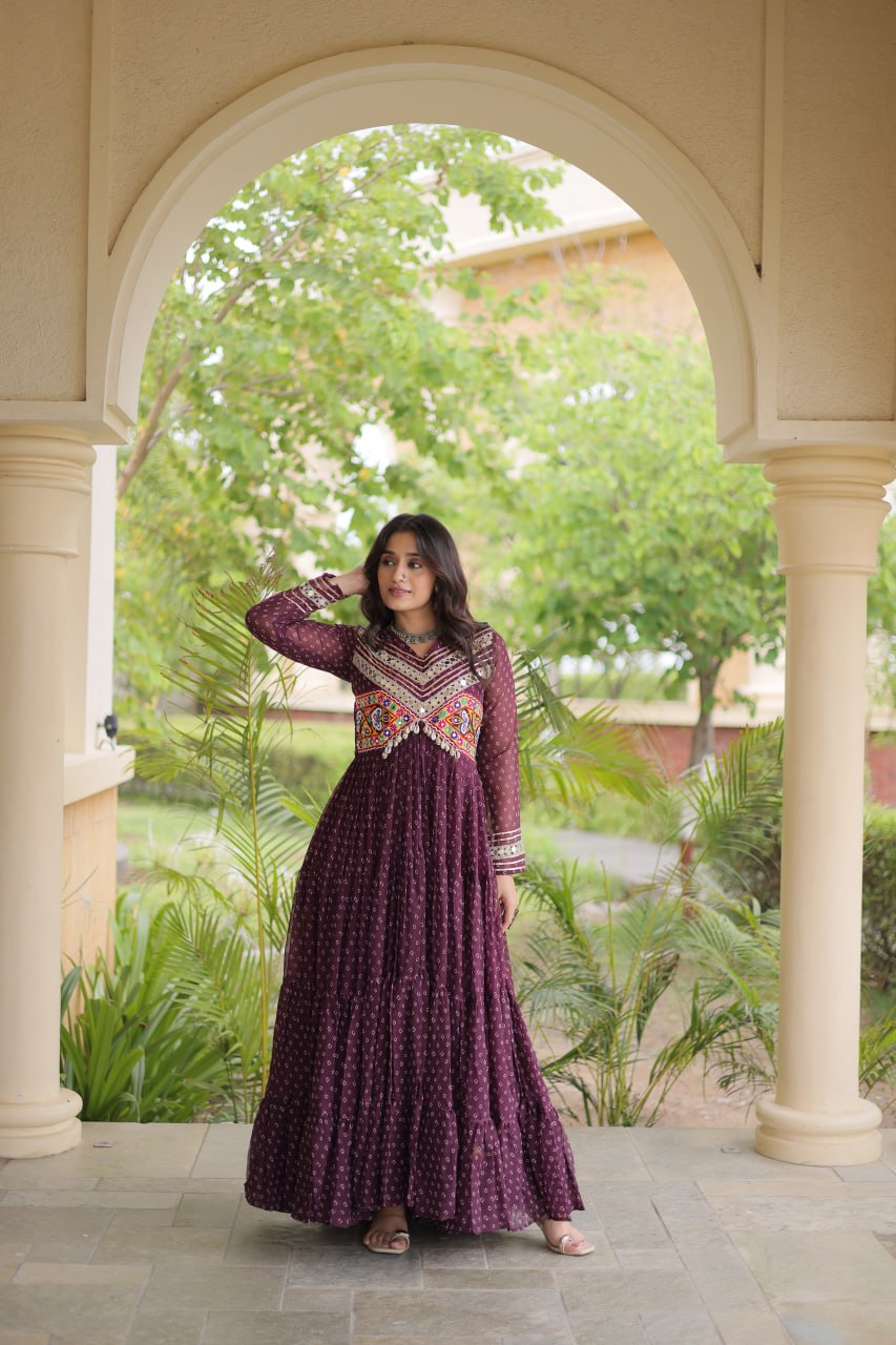 Women’s Designer Anarkali Gown | Printed Flared Ethnic Dress with Embroidered Yoke