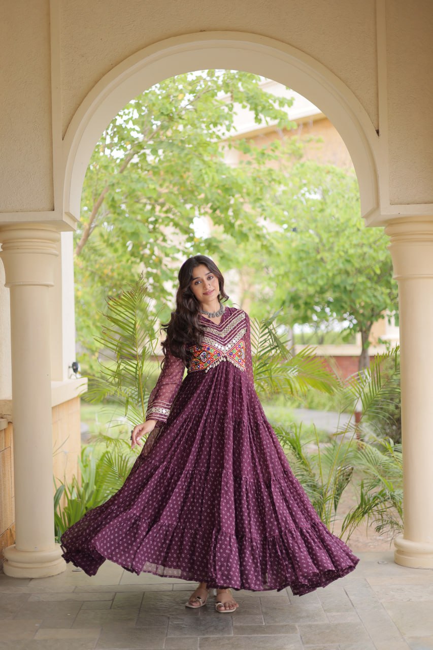 Women’s Designer Anarkali Gown | Printed Flared Ethnic Dress with Embroidered Yoke